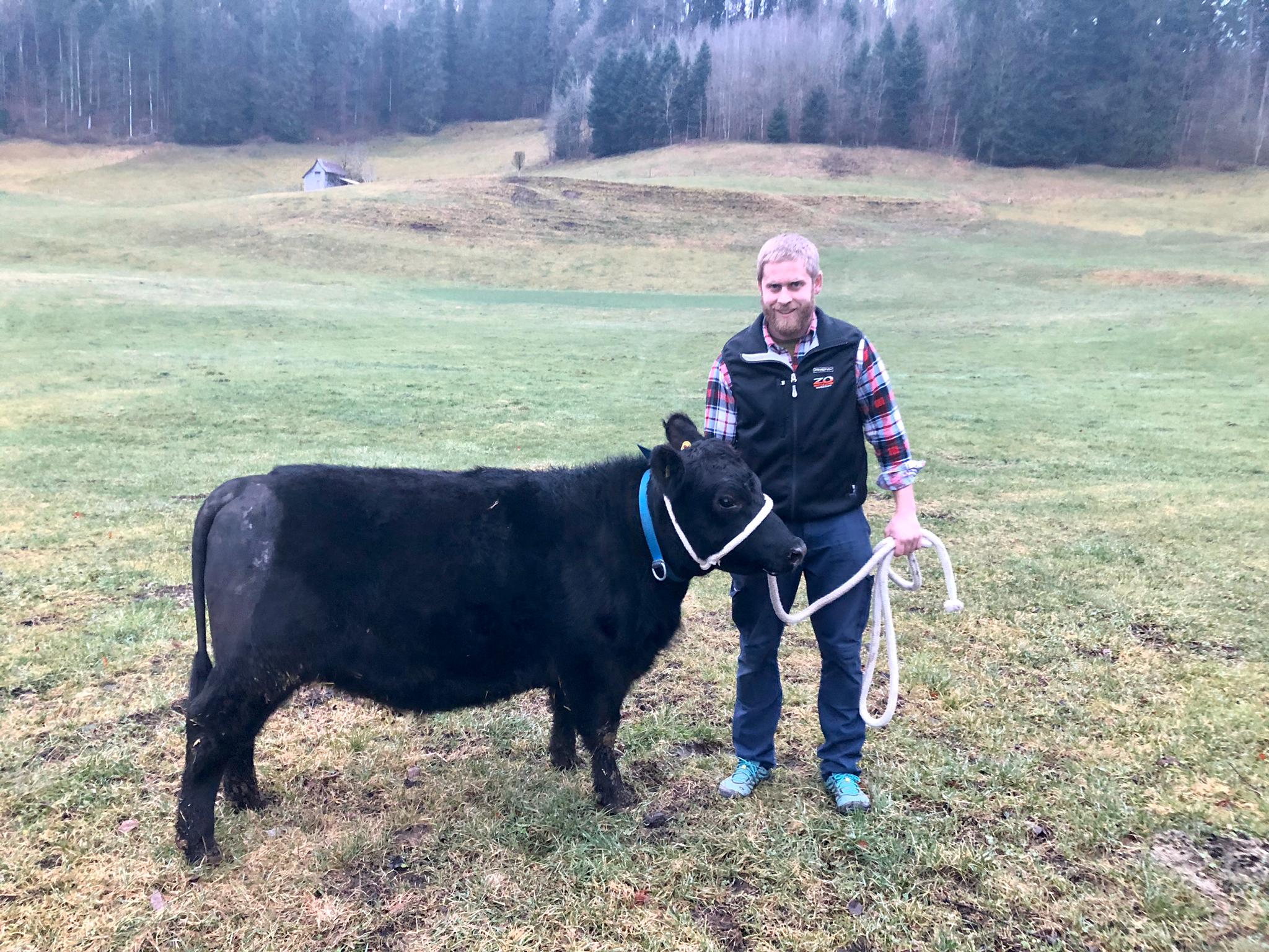 Züchter Rico Dubach mit Lowline Cuttle Cyra